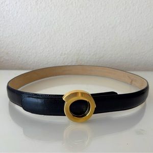 Terry Stack Blk Italian Leather lined statement belt removable gold buckle Sz M